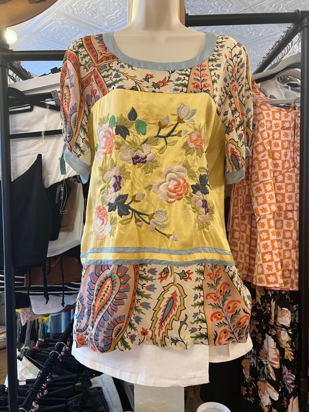 Johnny was mystic panel Embroidered Yellow Floral Patchwork Women's Top